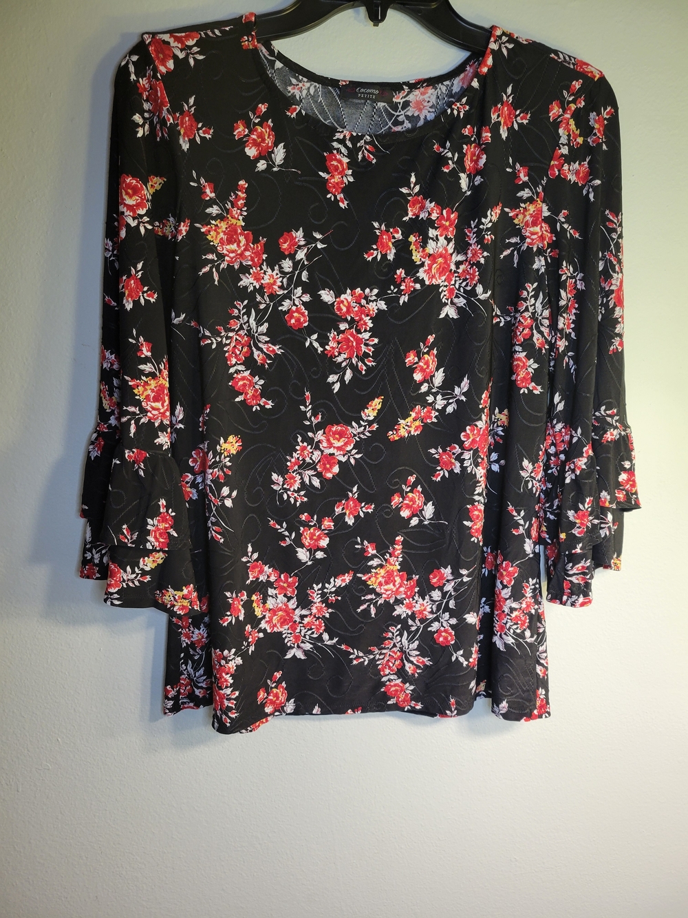 Cocomo Black Floral Bell-Sleeve Blouse with Red Blooms